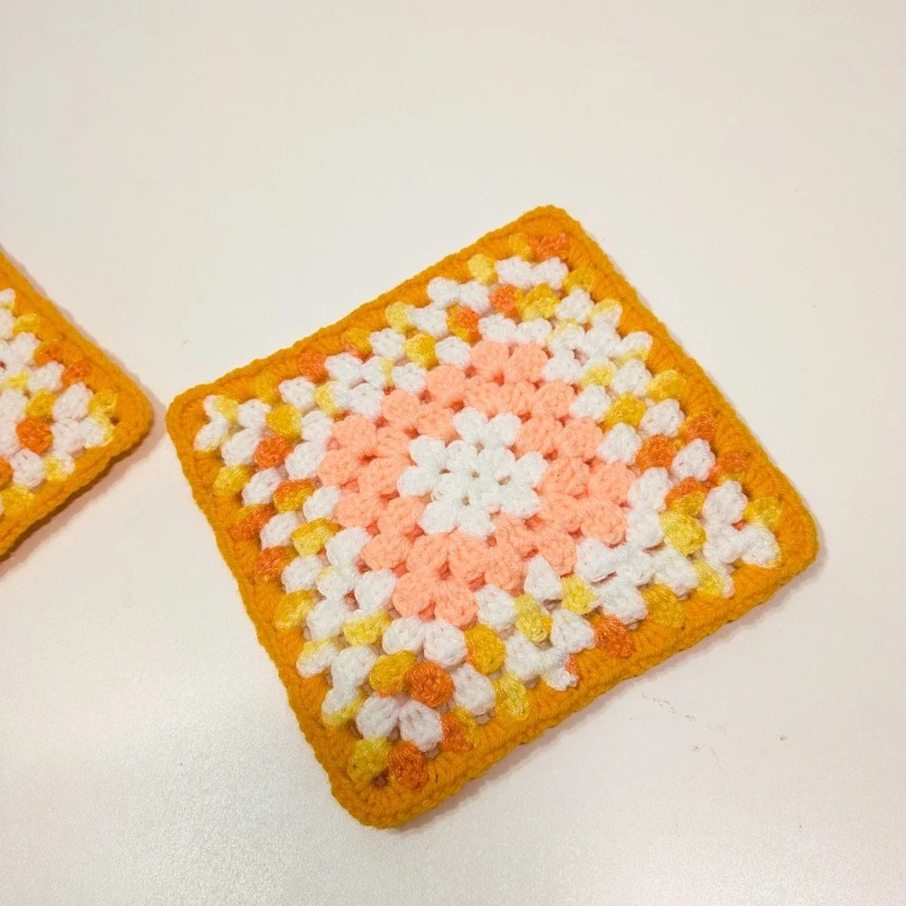 Retro Crochet Granny Square Potholders Set 2 Orange Peach 70s Kitchen Hot Pads
